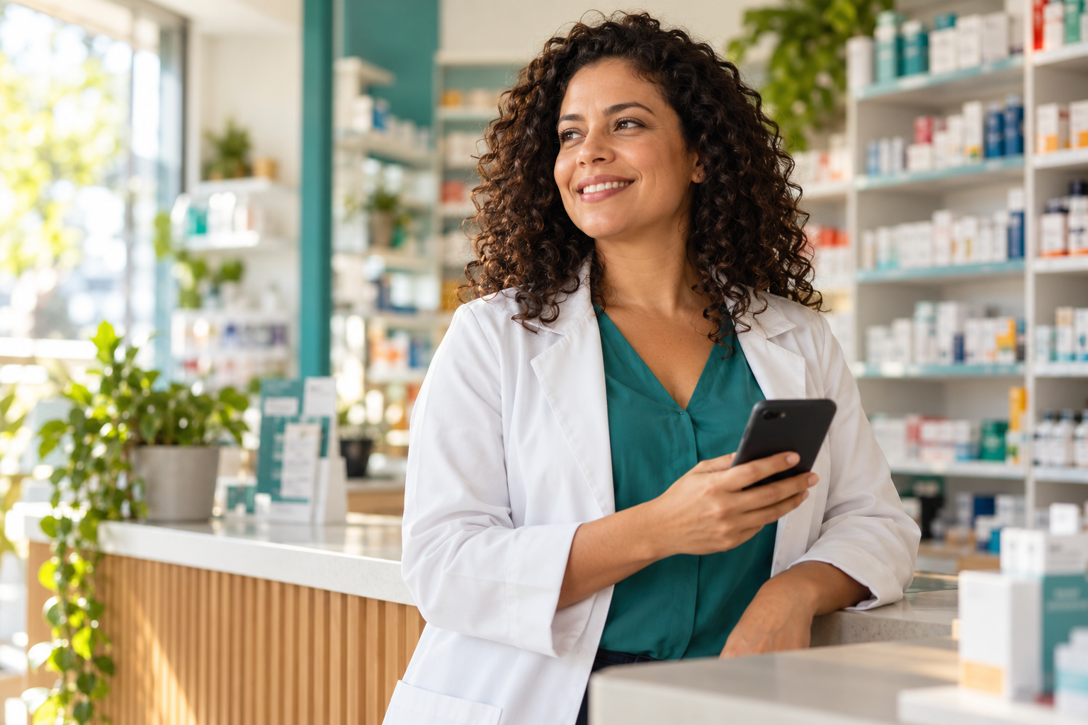 Cena de uma farmacêutica usando tecnologia na rotina da drogaria