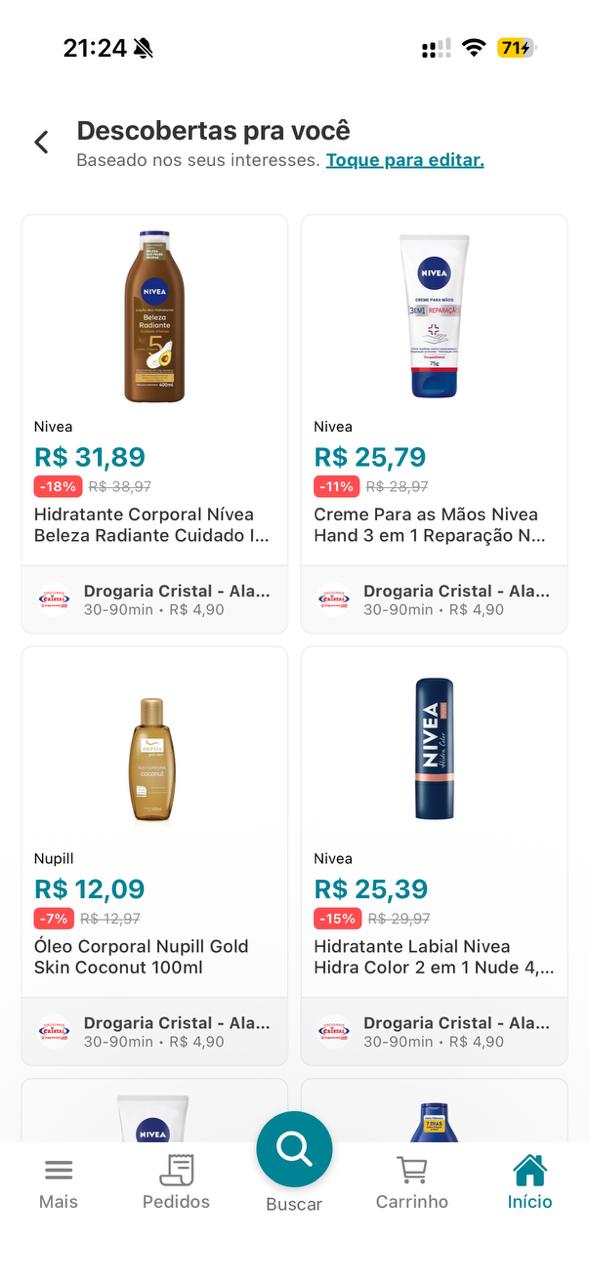 Produtos sugeridos na tela Descobertas para você, com preços e drogarias participantes