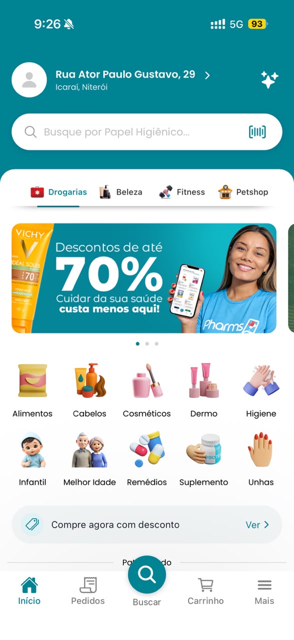 Tela inicial real do aplicativo Pharms, com ofertas e categorias de produtos