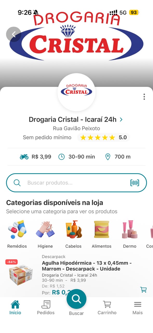 Vitrine da Drogaria Cristal dentro do aplicativo Pharms
