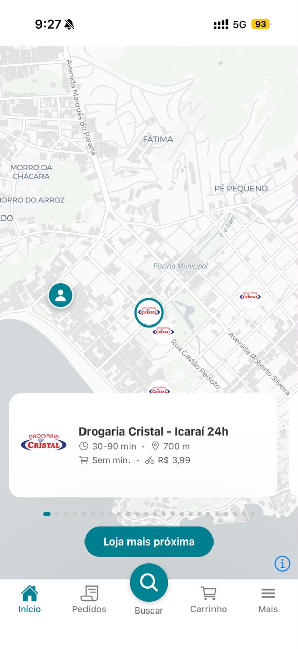 Mapa real do Pharms mostrando drogarias próximas e as condições de entrega