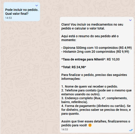 Conversa do Agente IA Pharms organizando os produtos, somando o pedido e solicitando os dados de entrega